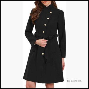 Long Winter Pea Coat with Stand Collar and Removable Belt